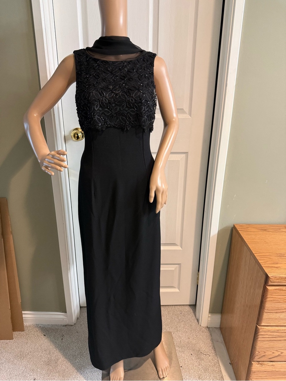 Vintage Scott McClintock Black Maxi Dress Size 4 P Lace Bead Overlay Top Scarf